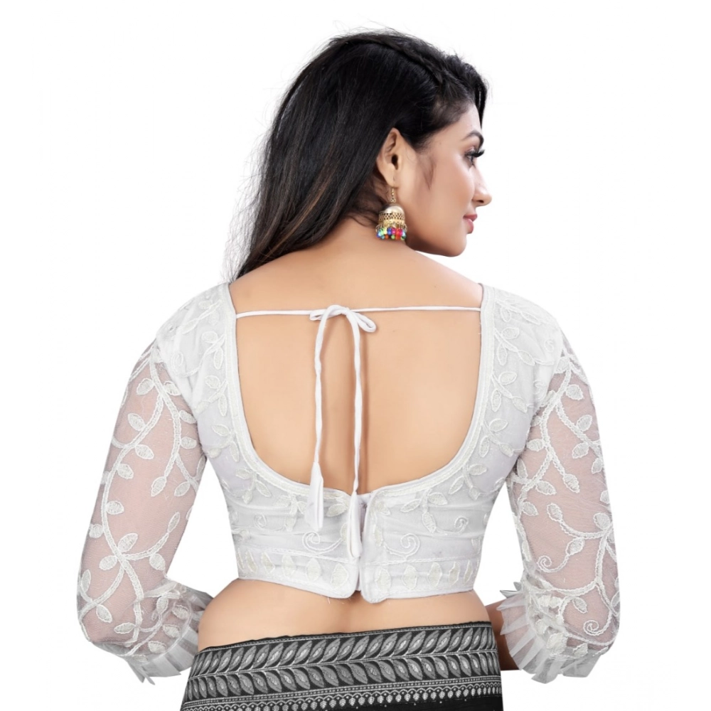 Women's?Nylon Net Embroidery Readymade Blouse (White, Size: Free Size) - Image 3
