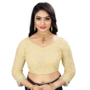 Women's?Nylon Net Embroidery Readymade Blouse (Beige, Size: Free Size)