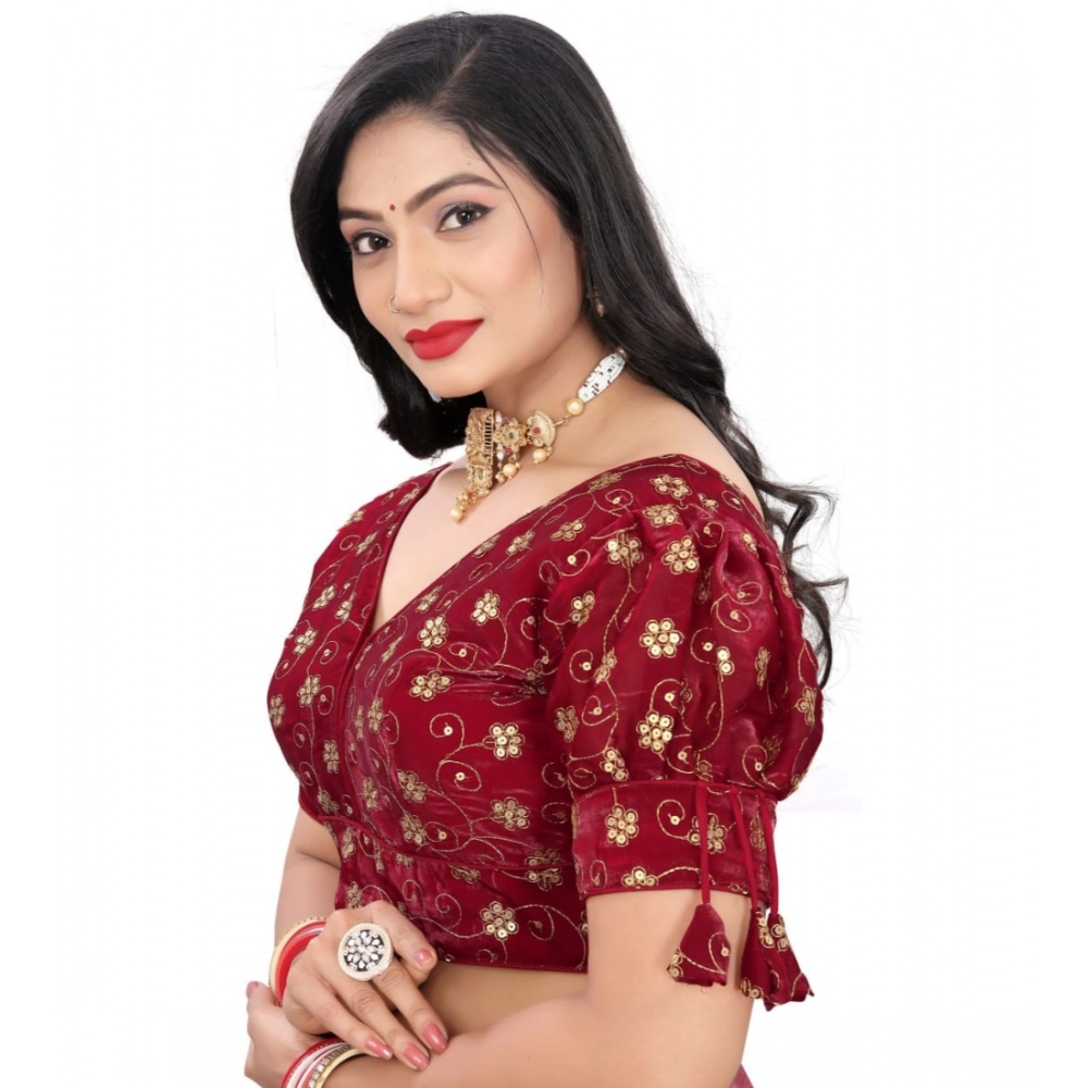 Women's?Jimmy Choo Embroidery Readymade Blouse (Maroon, Size: Free Size) - Image 3