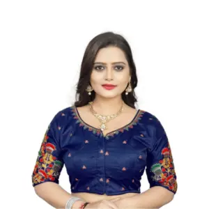 Women's?Malai Silk Floral Readymade Blouse (Navy Blue, Size: Free Size)