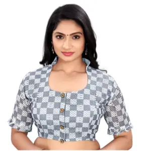 Women's?Cotton Blend Checks Readymade Blouse (Grey, Size: Free Size)