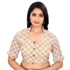 Women's?Cotton Blend Checks Readymade Blouse (Beige, Size: Free Size)