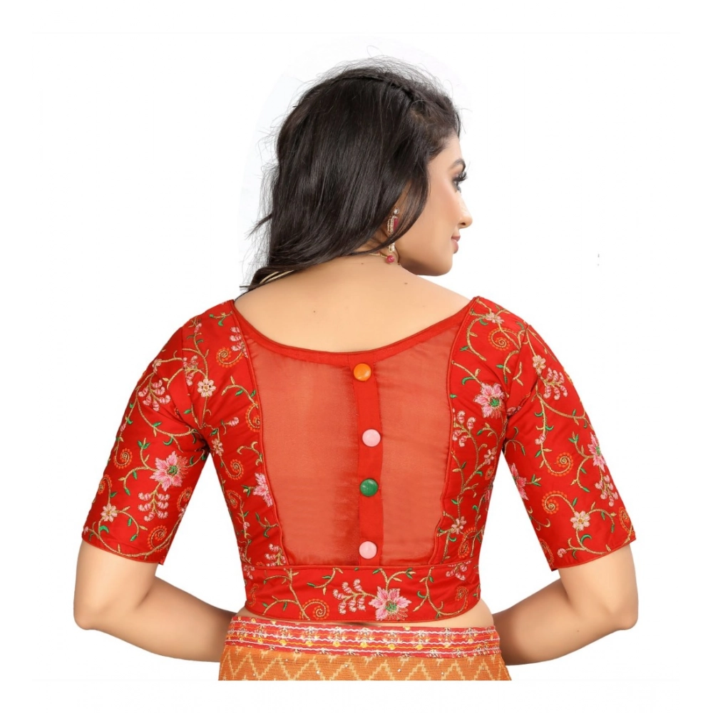 Women's?Satin Floral Readymade Blouse (Red, Size: Free Size) - Image 4