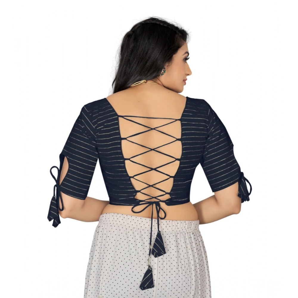 Women's?Cotton Thread Work Readymade Blouse (Navy Blue, Size: Free Size) - Image 4