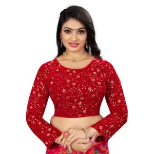 Women's?Velvet Embroidery Readymade Blouse (Red, Size: Free Size)