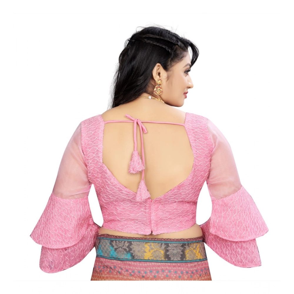 Women's?Organza Embroidery Readymade Blouse (Pink, Size: Free Size) - Image 4