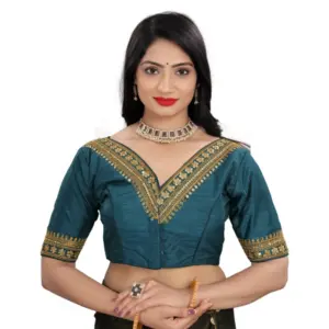 Women's?Banglory Embroidery Readymade Blouse (Teal, Size: Free Size)