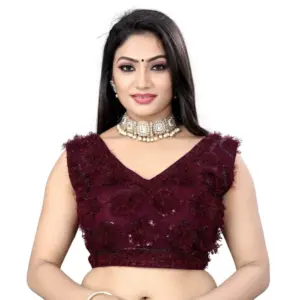 Women's?Nylon Net Sequins Readymade Blouse (Maroon, Size: Free Size)