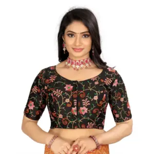 Women's?Satin Floral Readymade Blouse (Black, Size: Free Size)