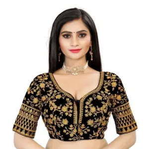 Women's?Velvet Embroidery Readymade Blouse (Black, Size: Free Size)