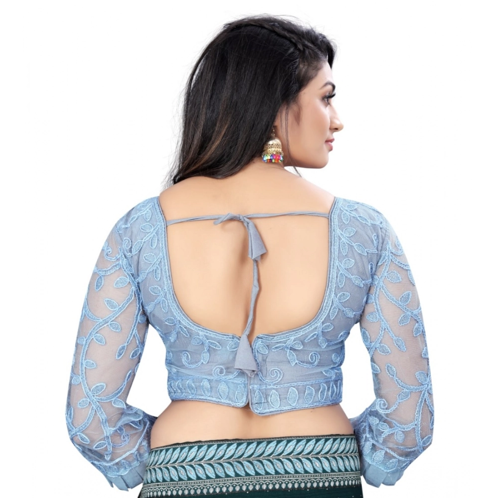 Women's?Nylon Net Embroidery Readymade Blouse (Grey, Size: Free Size) - Image 3