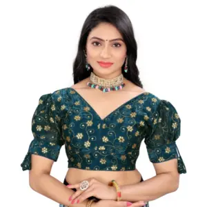 Women's?Jimmy Choo Embroidery Readymade Blouse (Teal, Size: Free Size)