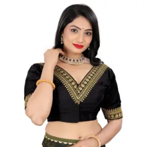 Women's?Banglory Embroidery Readymade Blouse (Black, Size: Free Size)
