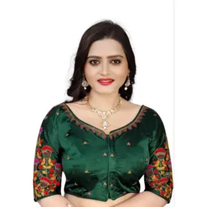 Women's?Malai Silk Floral Readymade Blouse (Green, Size: Free Size)