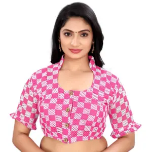 Women's?Cotton Blend Checks Readymade Blouse (Pink, Size: Free Size)