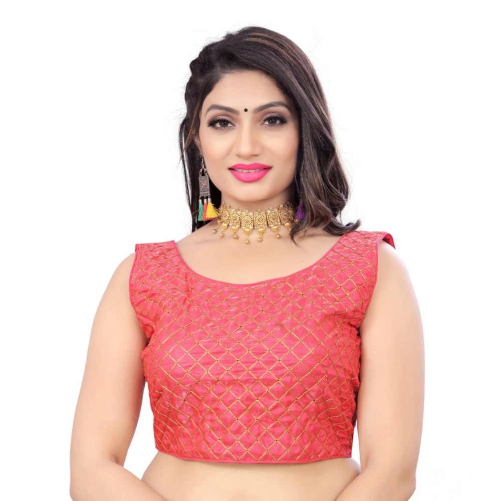 Women's?Satin Embroidery Readymade Blouse (Pink, Size: Free Size)