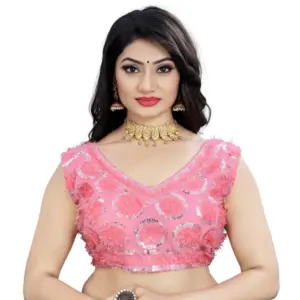 Women's?Nylon Net Sequins Readymade Blouse (Baby Pink, Size: Free Size)