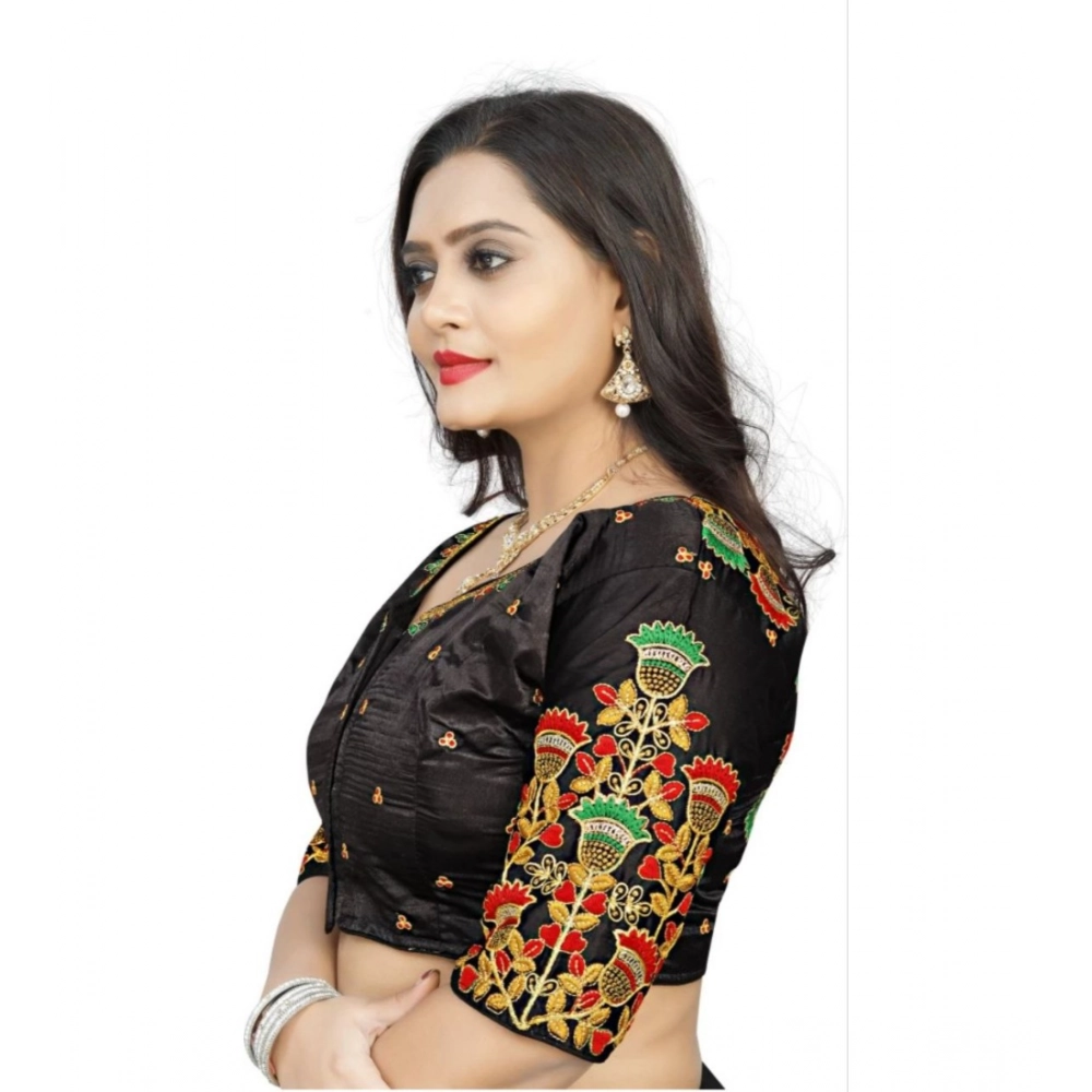 Women's?Malai Silk Floral Readymade Blouse (Black, Size: Free Size) - Image 2