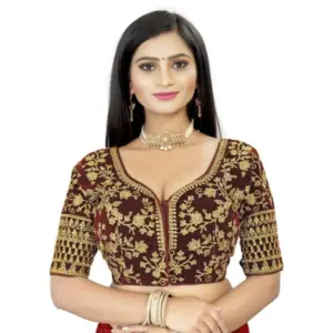 Women's?Velvet Embroidery Readymade Blouse (Brown, Size: Free Size)