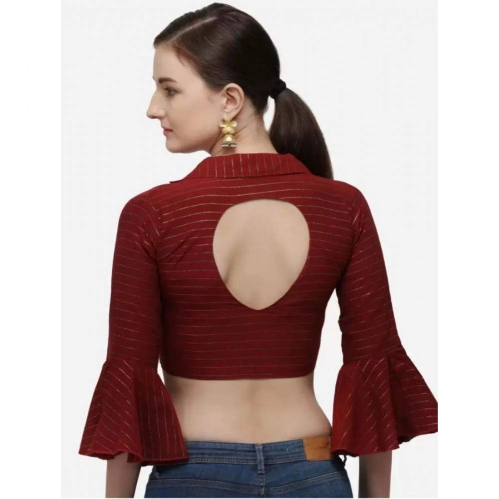 Women's?Cotton Striped Readymade Blouse (Maroon, Size: Free Size) - Image 4