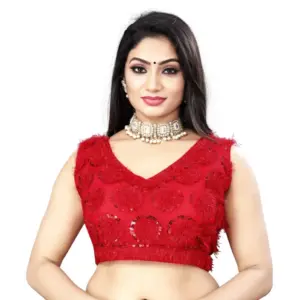 Women's?Nylon Net Sequins Readymade Blouse (Red, Size: Free Size)