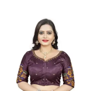 Women's?Malai Silk Floral Readymade Blouse (Purple, Size: Free Size)