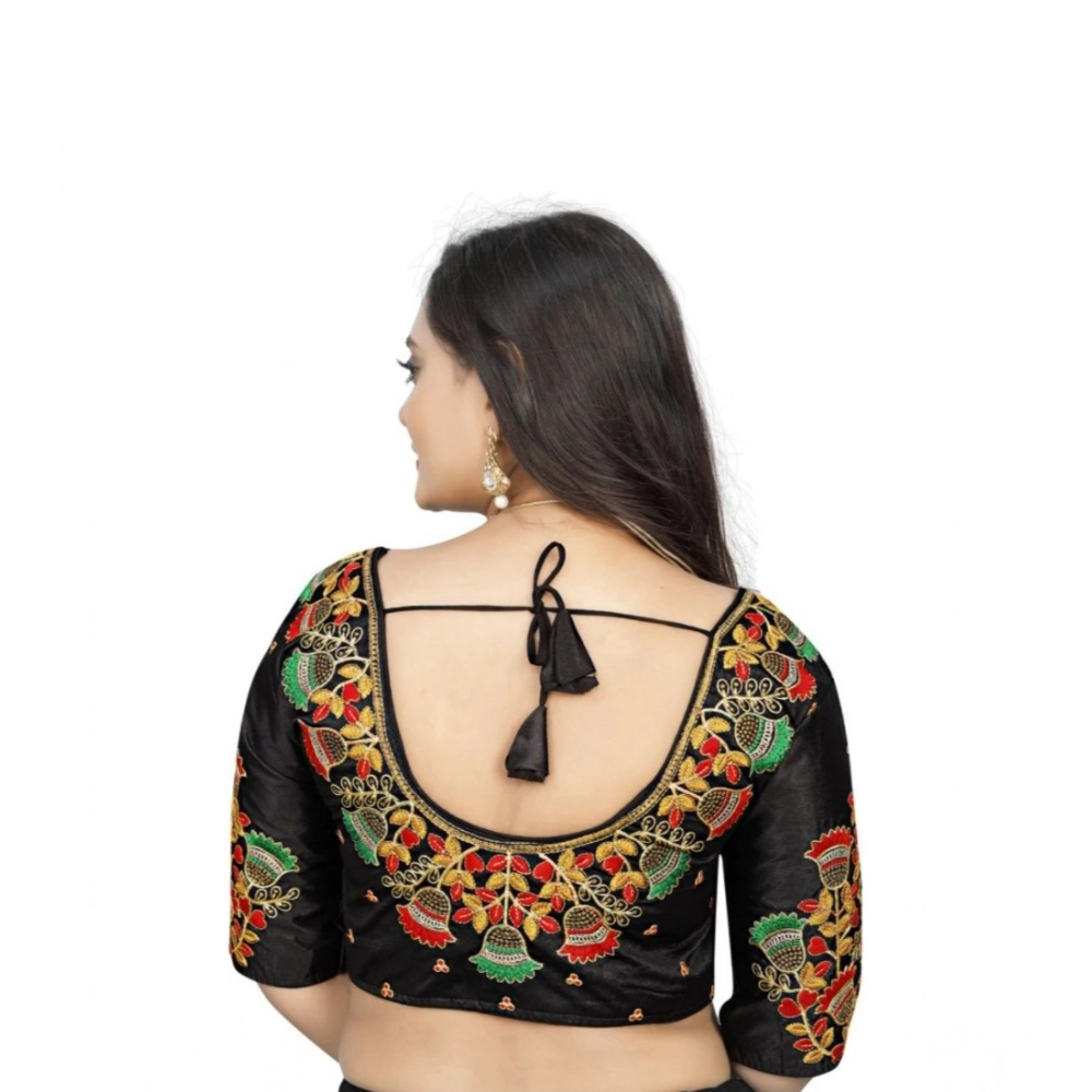 Women's?Malai Silk Floral Readymade Blouse (Black, Size: Free Size) - Image 3