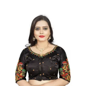 Women's?Malai Silk Floral Readymade Blouse (Black, Size: Free Size)