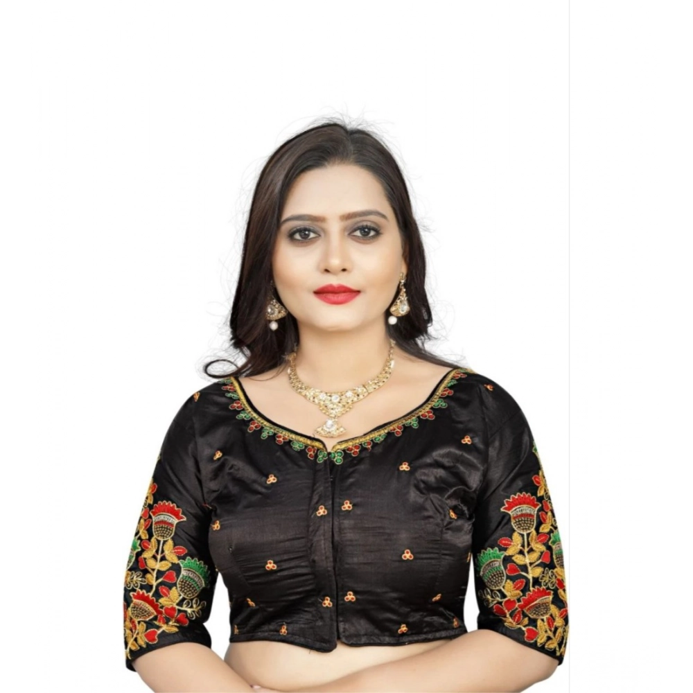 Women's?Malai Silk Floral Readymade Blouse (Black, Size: Free Size)