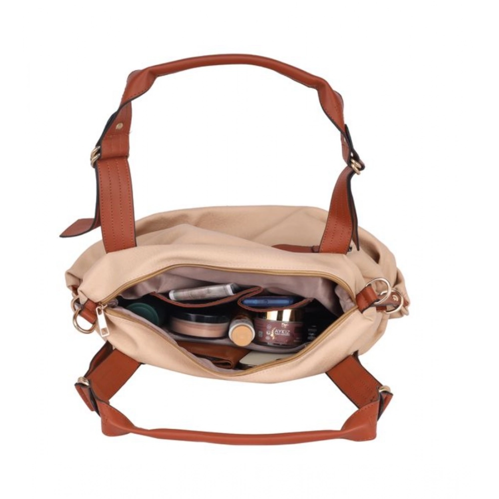 Women's Faux Leather Solid Tote Bag (Beige) - Image 2