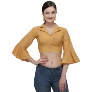 Women's?Cotton Striped Readymade Blouse (Mustard, Size: Free Size)