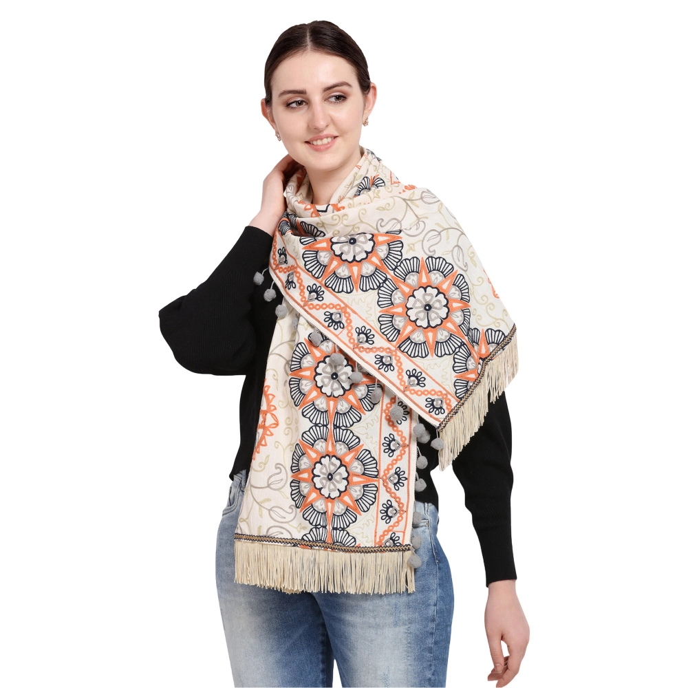 Women's Cotton Embroidered Muffler (Off White, Length:?0.5 to 1 Mtr)