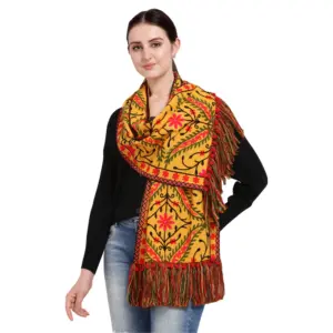 Women's Cotton Embroidered Muffler (Mustard, Length:?0.5 to 1 Mtr)