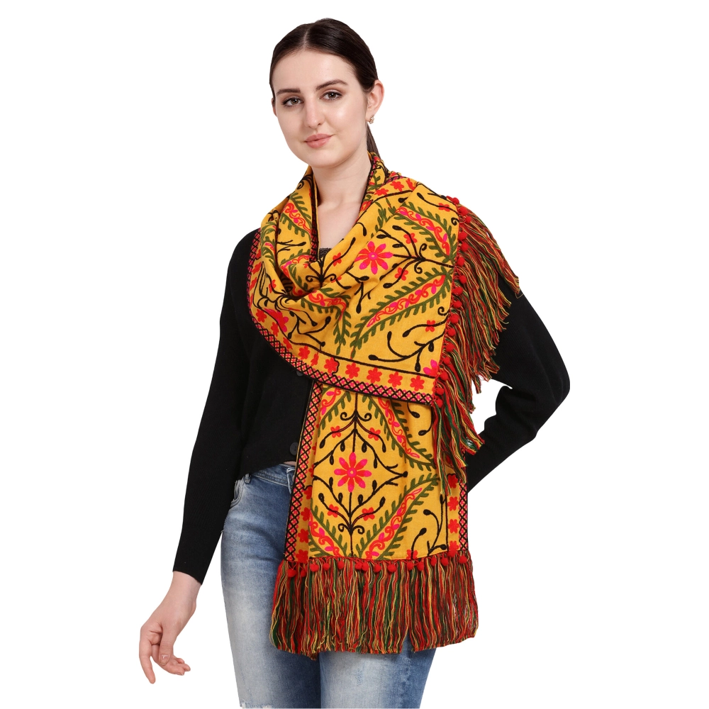 Women's Cotton Embroidered Muffler (Mustard, Length:?0.5 to 1 Mtr)