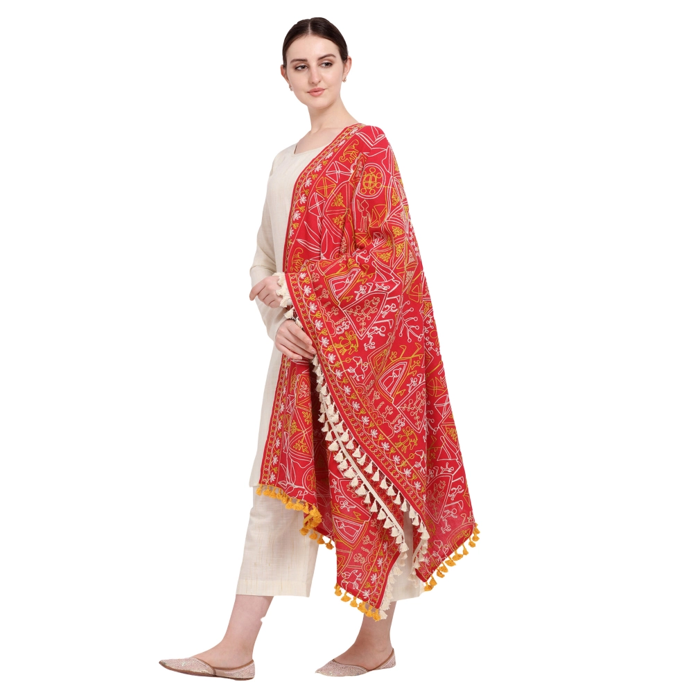 Women's Cotton Embroidered Dupatta (Red, Length:?0.5 to 1 Mtr)