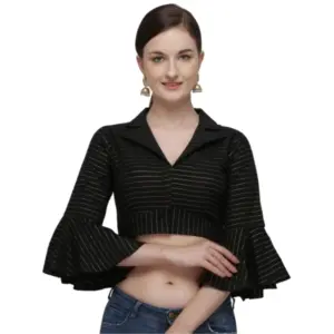 Women's?Cotton Striped Readymade Blouse (Black, Size: Free Size)