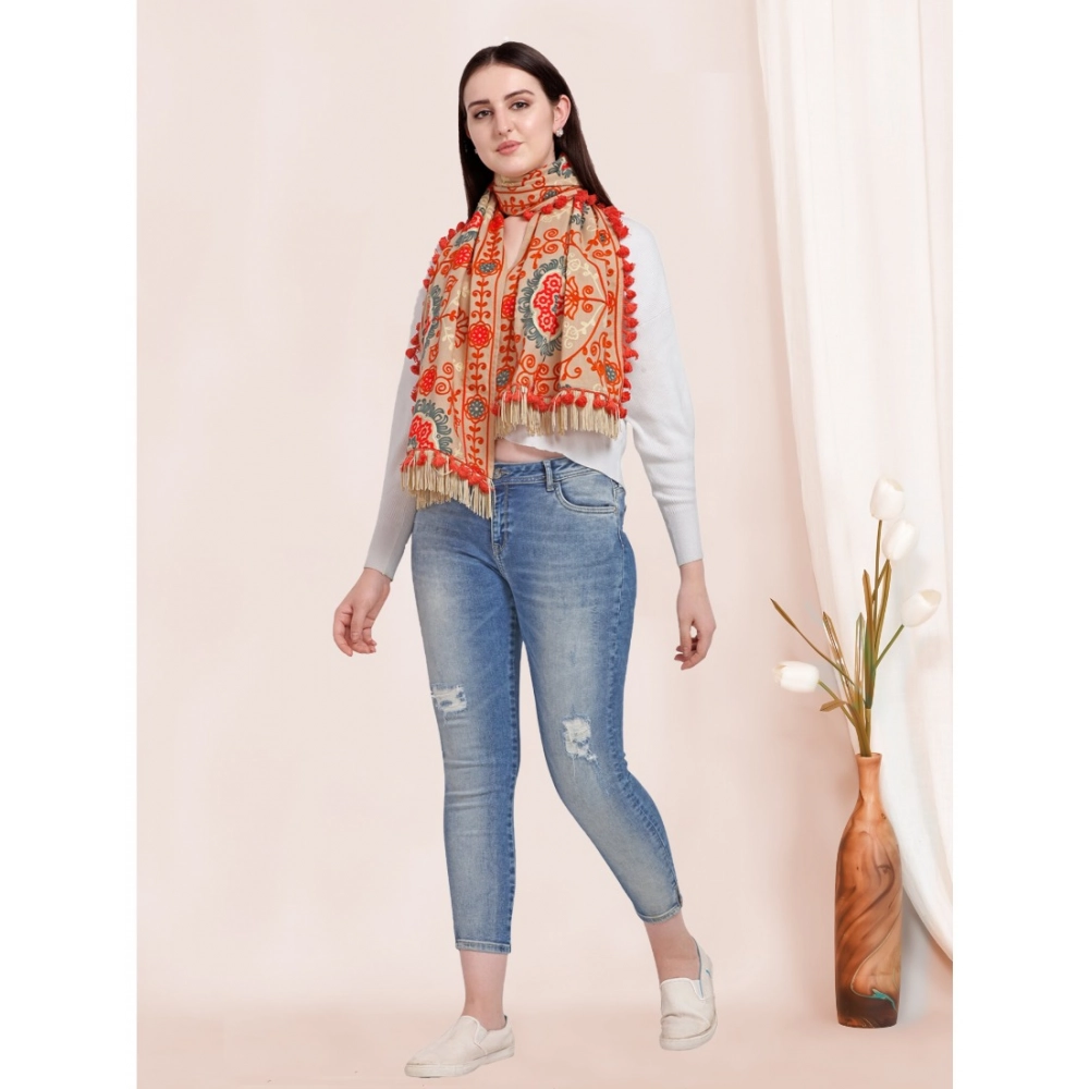 Women's Cotton Embroidered Muffler (Beige, Length:?0.5 to 1 Mtr) - Image 4