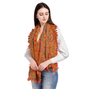 Women's Cotton Embroidered Muffler (Orange, Length:?0.5 to 1 Mtr)