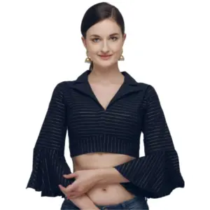 Women's?Cotton Striped Readymade Blouse (Navy Blue, Size: Free Size)