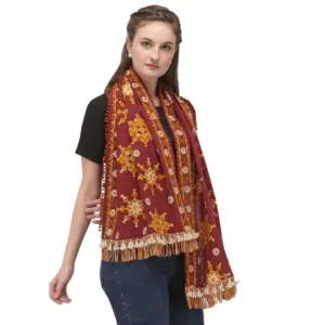 Women's Cotton Embroidered Muffler (Maroon, Length:?0.5 to 1 Mtr)