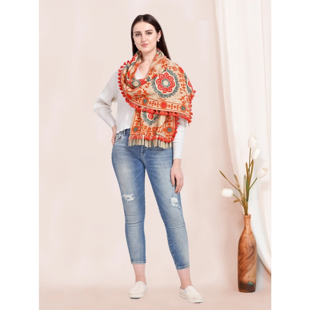 Women's Cotton Embroidered Muffler (Beige, Length:?0.5 to 1 Mtr) - Image 3