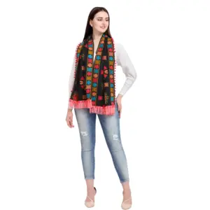 Women's Cotton Embroidered Muffler (Black, Length:?0.5 to 1 Mtr)