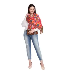 Women's Cotton Embroidered Muffler (Red, Length:?0.5 to 1 Mtr)