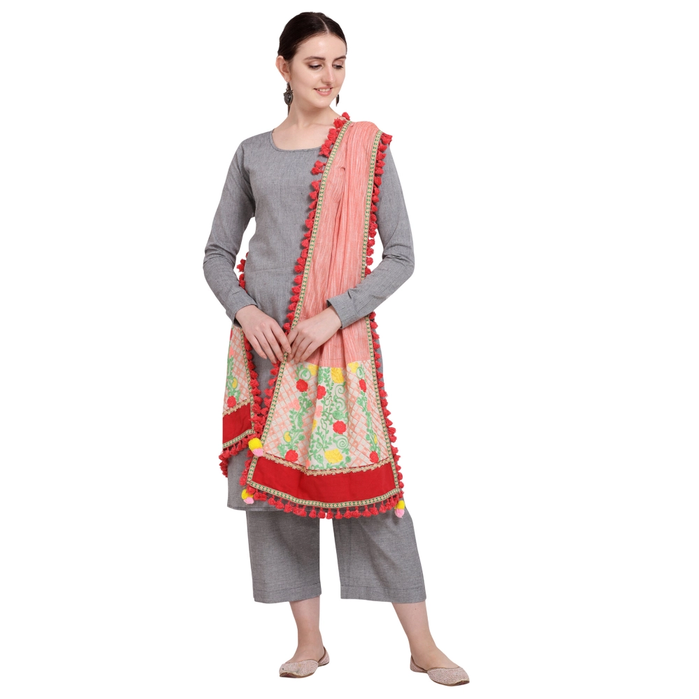 Women's Cotton Embroidered Dupatta (Peach, Length:?1.5 to 2 Mtr)