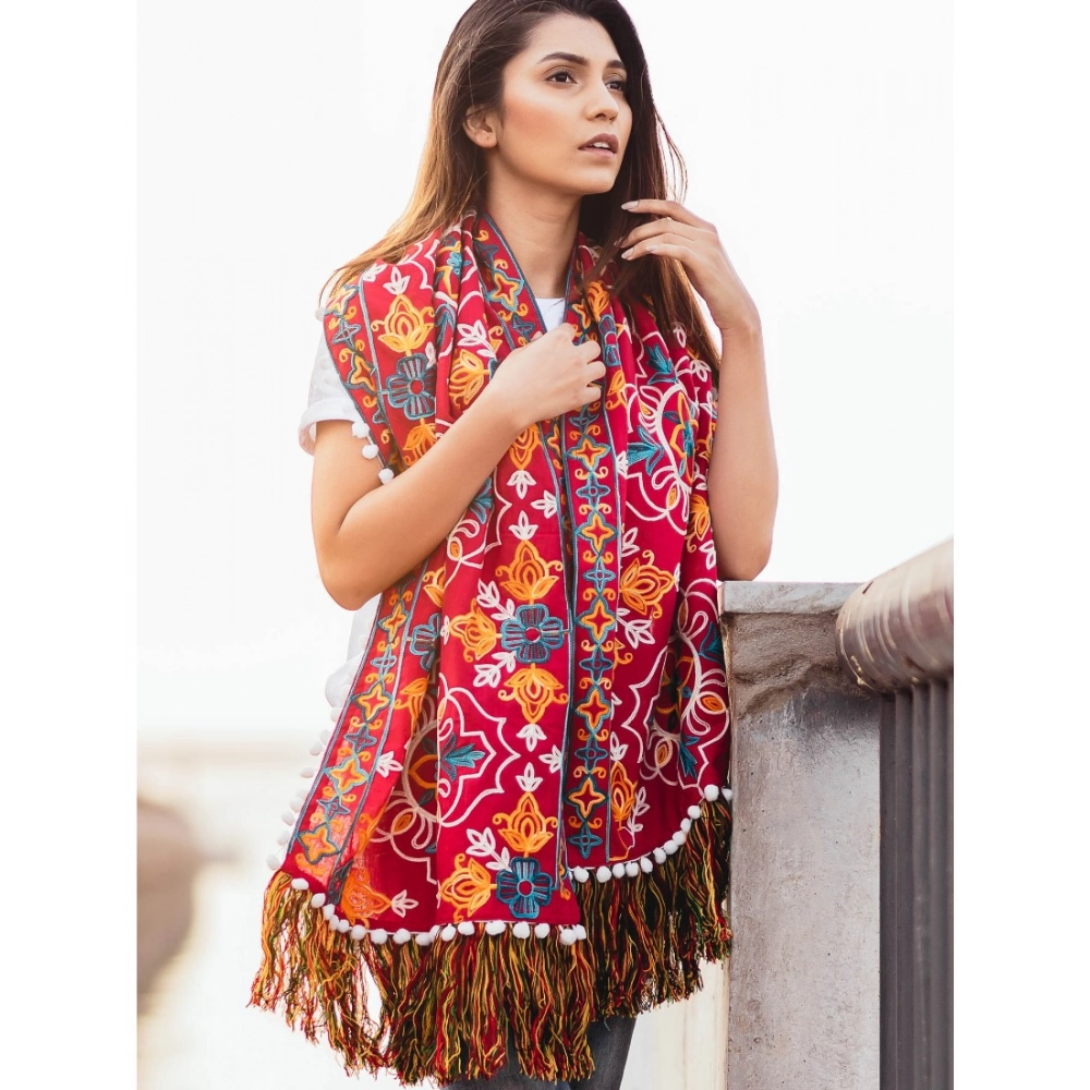 Women's Cotton Embroidered Muffler (Red, Length:?0.5 to 1 Mtr) - Image 2