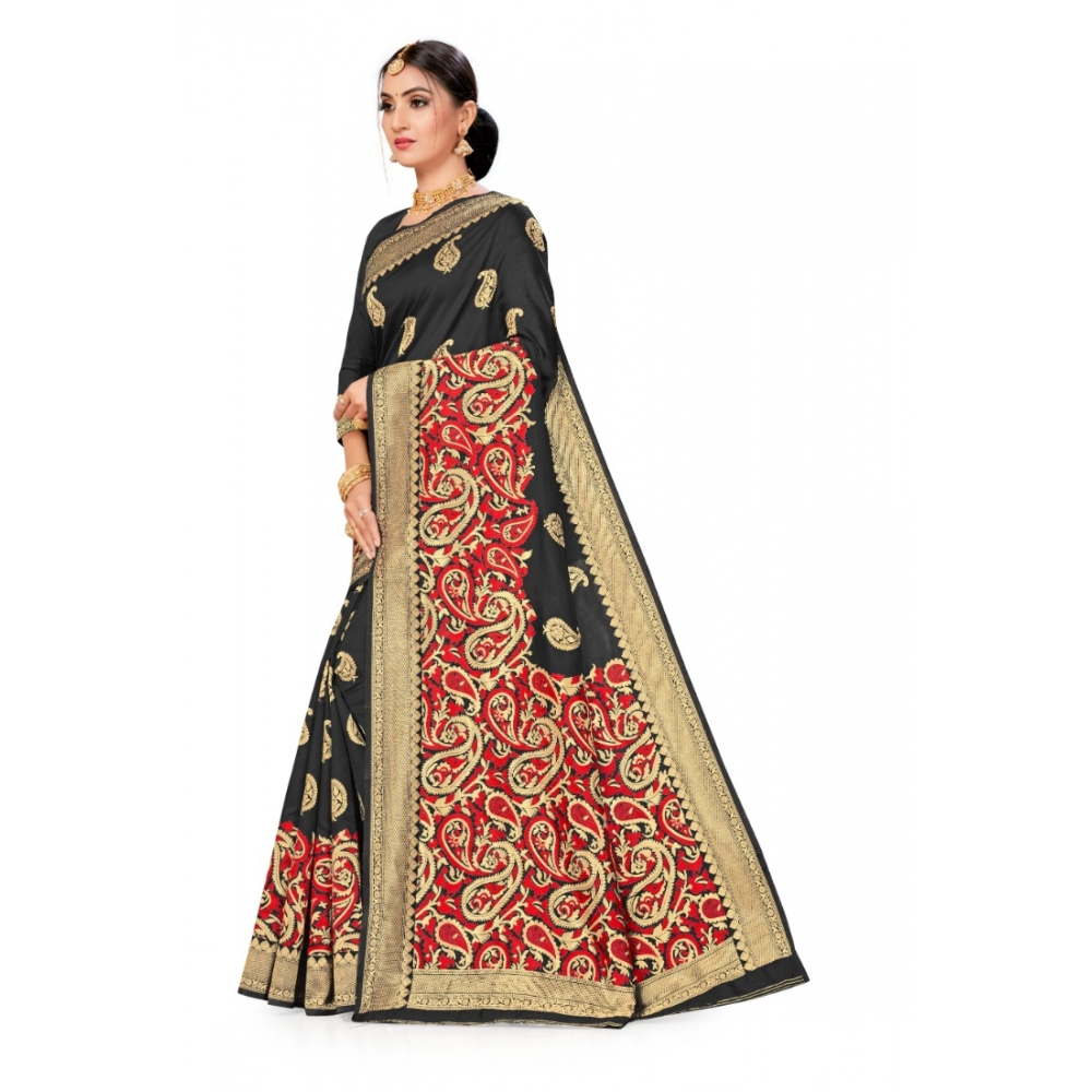 Women's Banarasi Silk Designer Weaving Saree With Unstitched Blouse (Black, 5.50 Mtrs) - Image 2