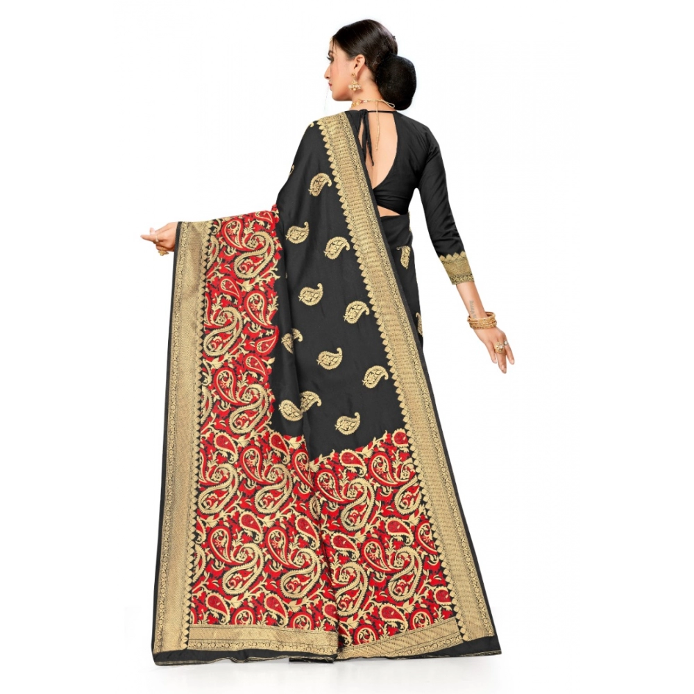 Women's Banarasi Silk Designer Weaving Saree With Unstitched Blouse (Black, 5.50 Mtrs) - Image 4