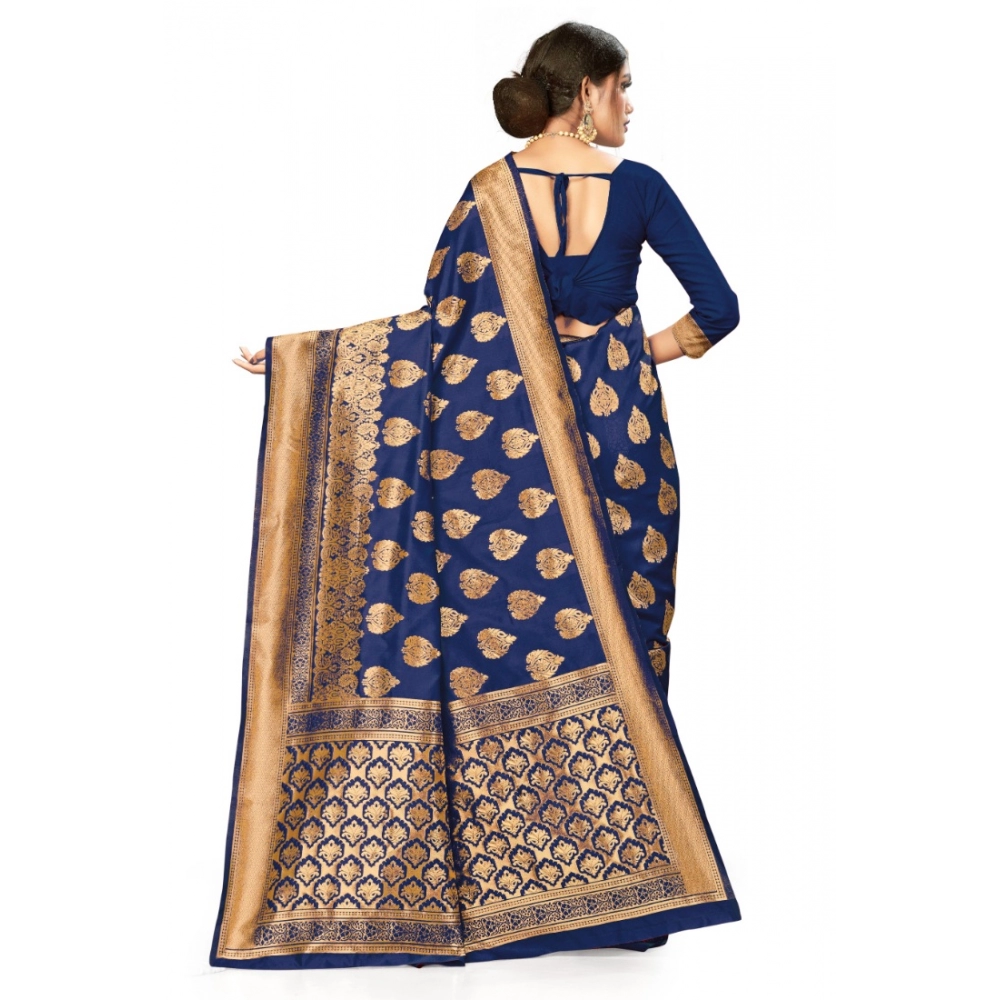 Women's Banarasi Silk Designer Weaving Saree With Unstitched Blouse (Blue, 5.50 Mtrs) - Image 4