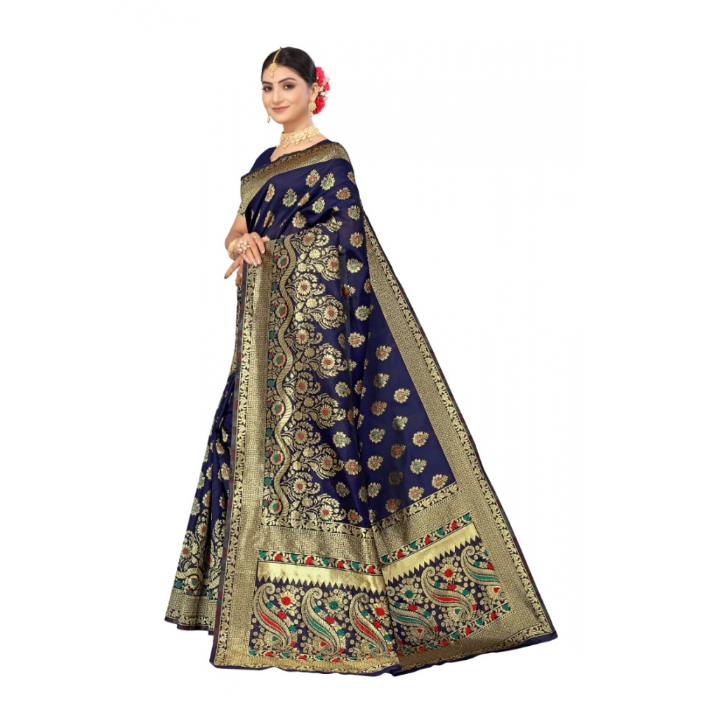 Women's Banarasi Silk Designer Weaving Saree With Unstitched Blouse (Blue, 5.50 Mtrs) - Image 3