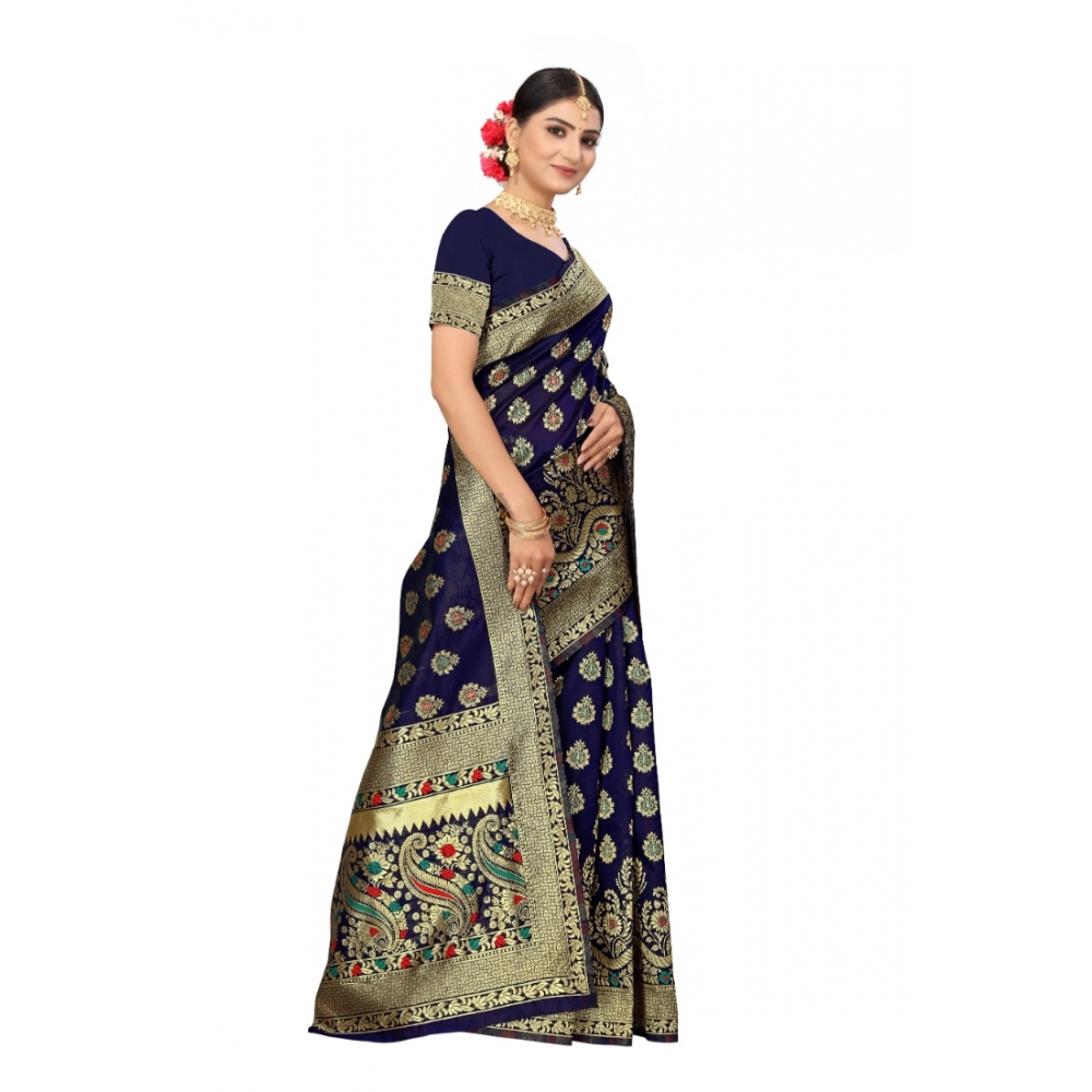 Women's Banarasi Silk Designer Weaving Saree With Unstitched Blouse (Blue, 5.50 Mtrs) - Image 2